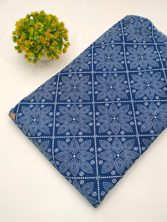 Blue geometric cotton fabric screen print India