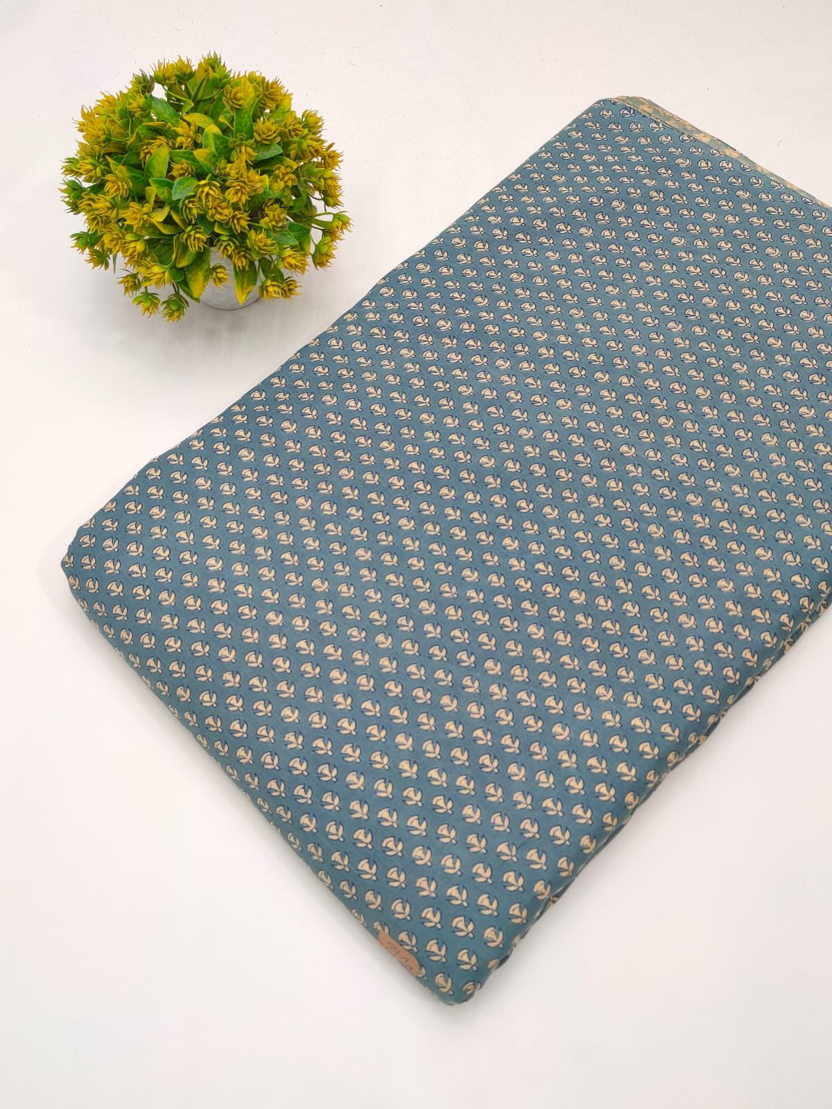 Teal ethnic motif screen print cotton fabric