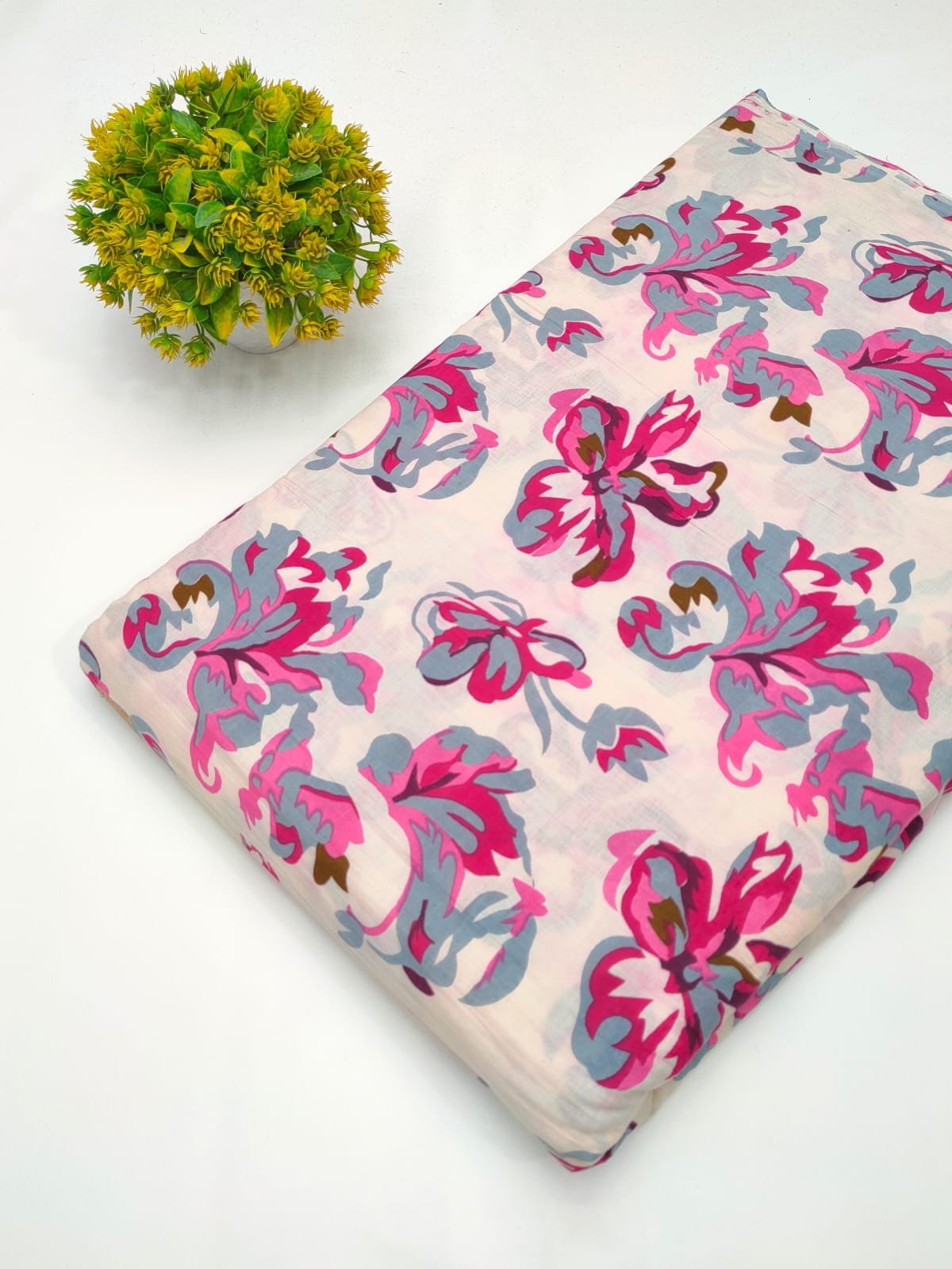 Pink and grey floral screen print cotton fabric