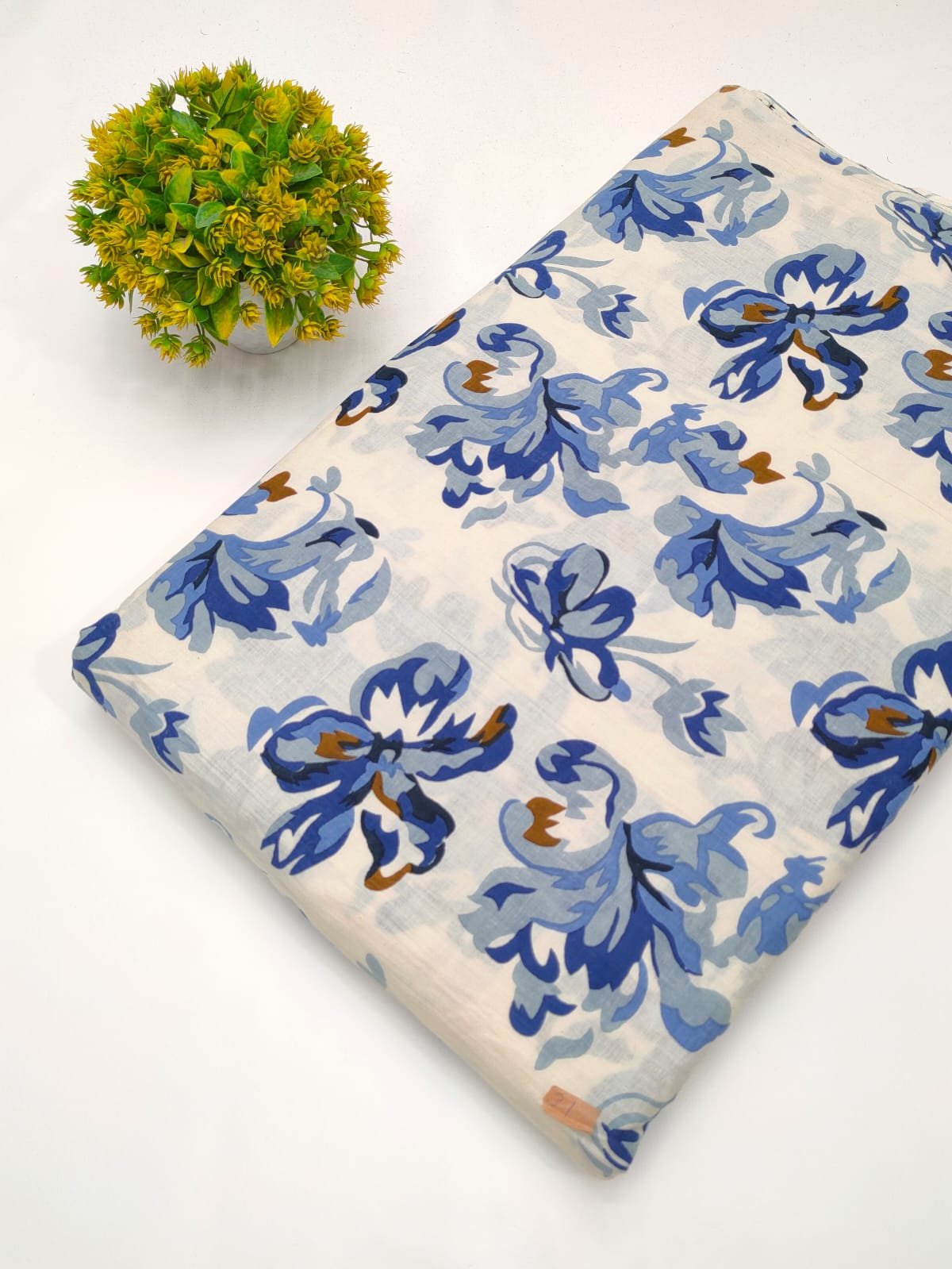 Beige floral screen print cotton fabric India