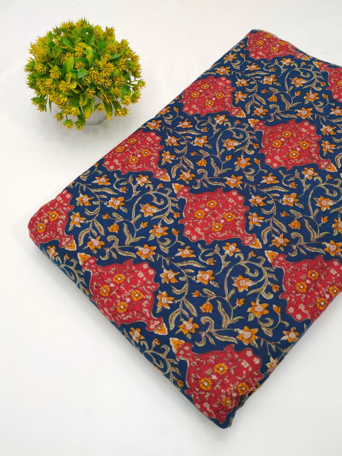 Navy red paisley screen printed cotton fabric Jaipur