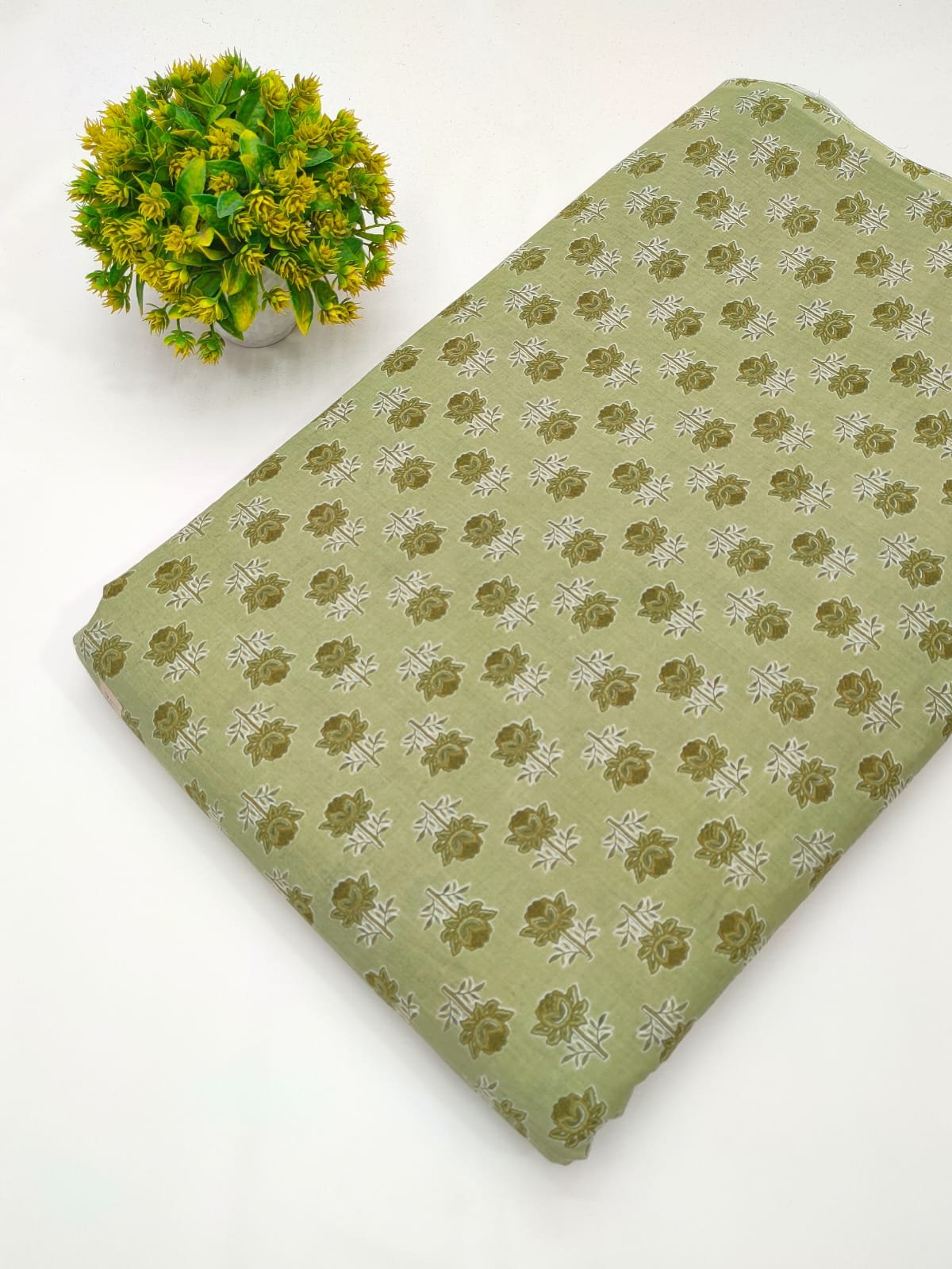 Olive floral screen printed cotton fabric Jaipur