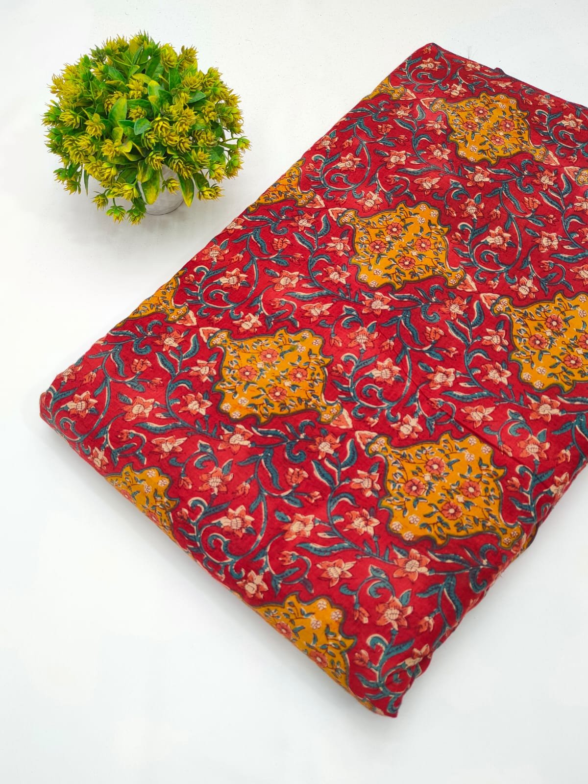 Red ethnic motif screen print cotton fabric