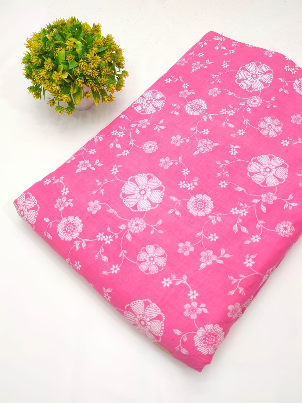 Pink floral screen print cotton fabric India