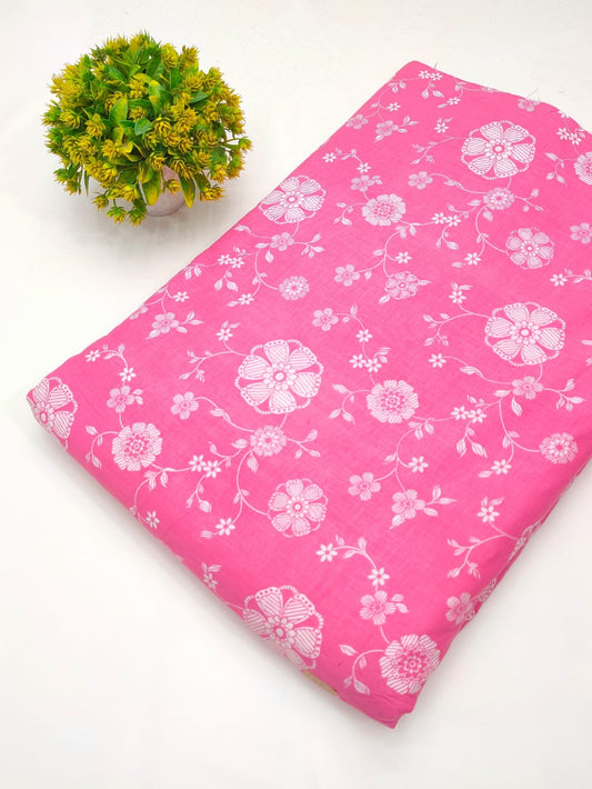 Pink floral screen print cotton fabric India
