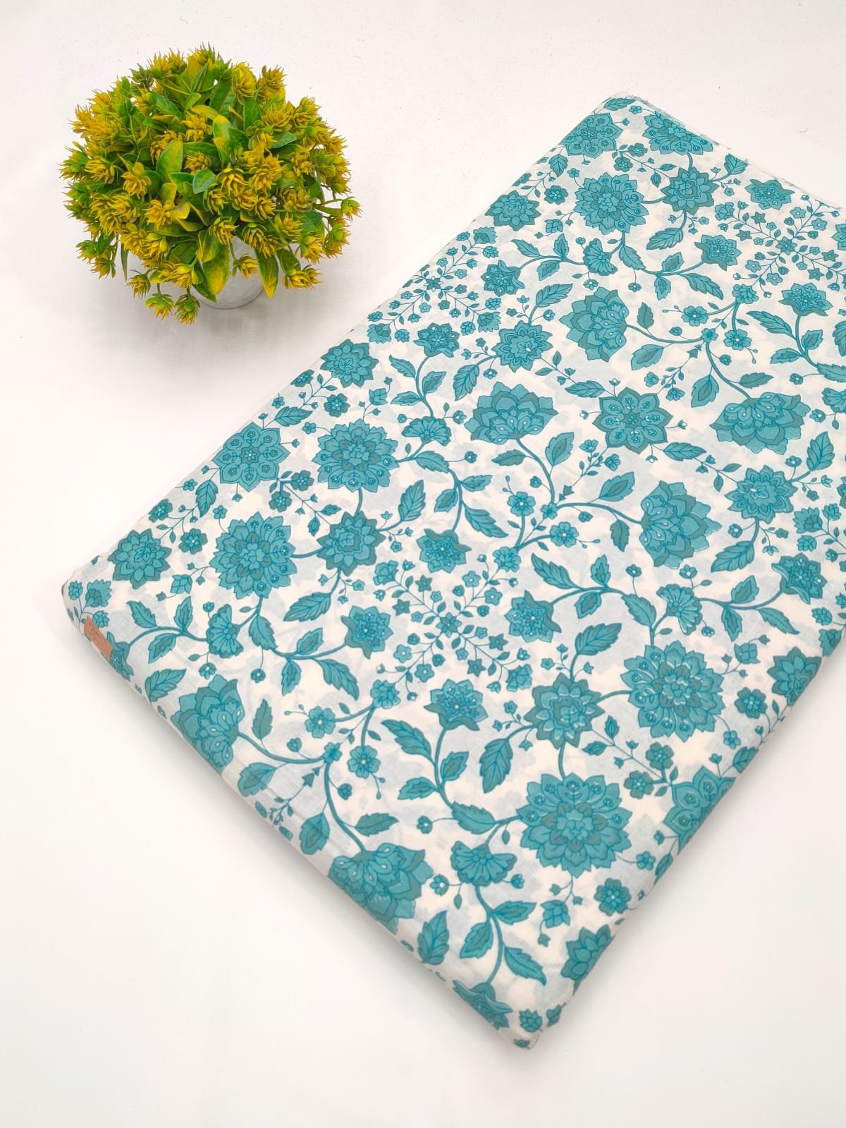 Teal floral screen print cotton fabric Jaipur