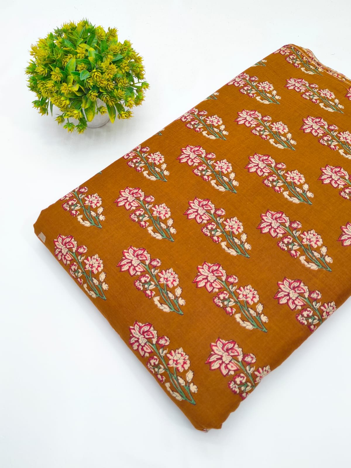 Brown floral screen print cotton fabric Jaipur