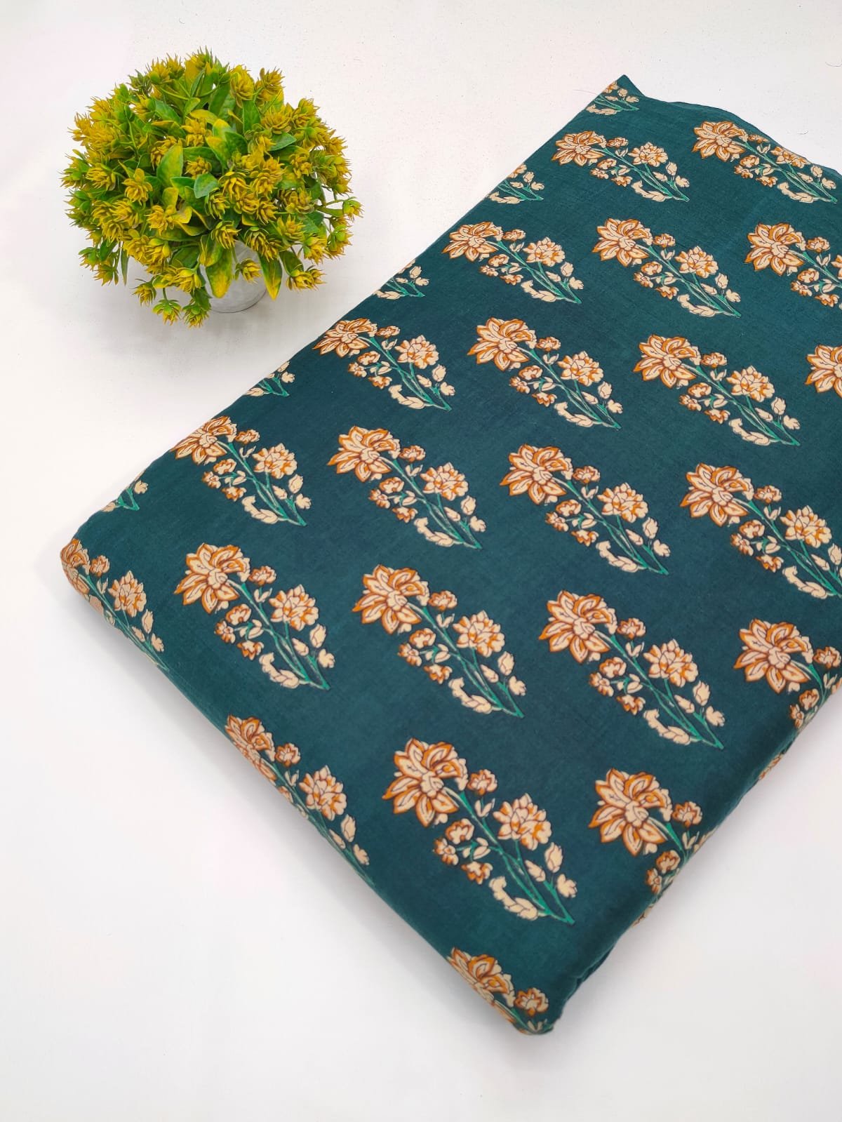 Teal floral screen printed cotton fabric India