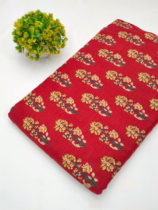 Red floral screen printed cotton kurti fabric India