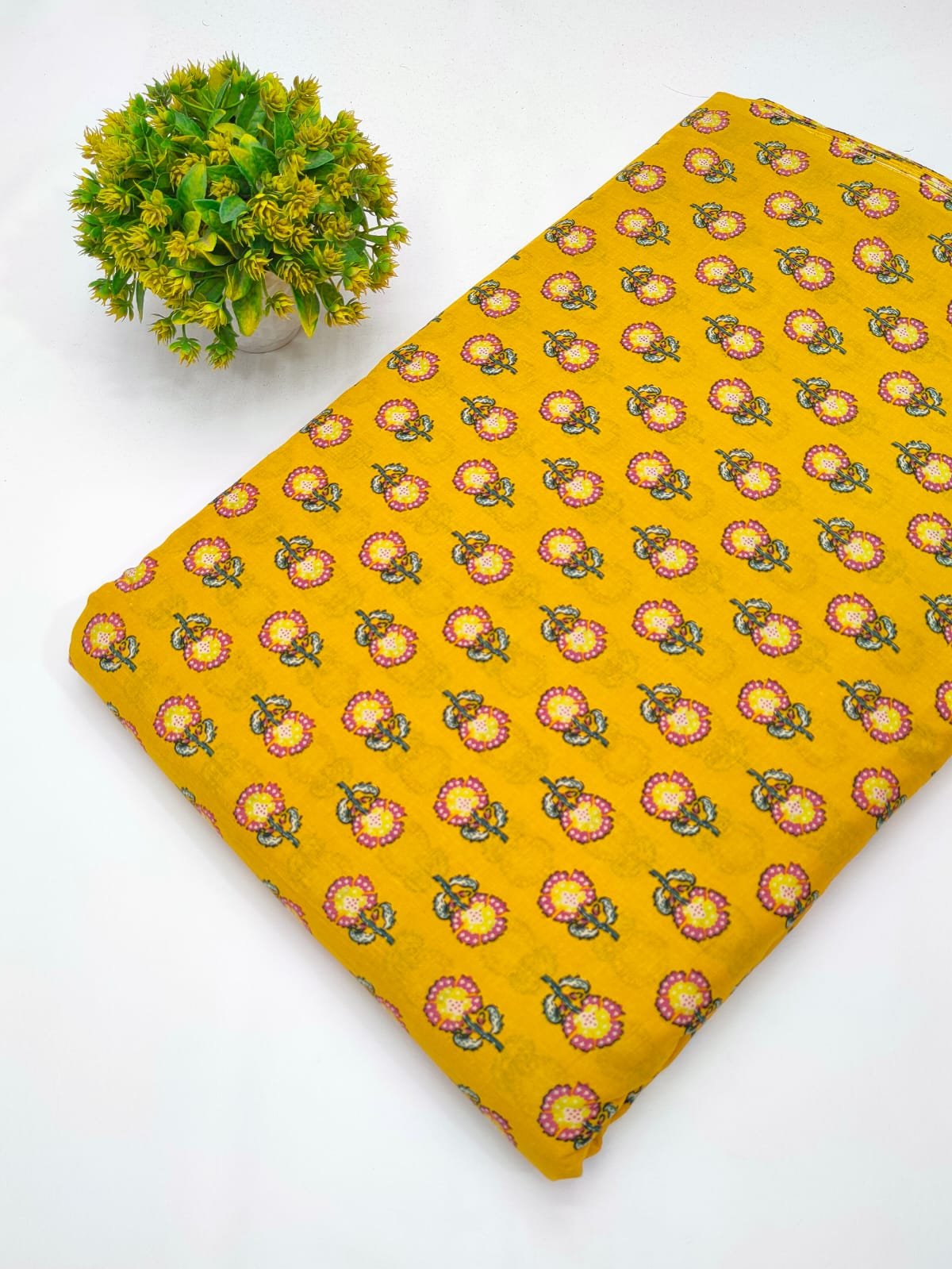 Yellow bold floral screen print cotton fabric