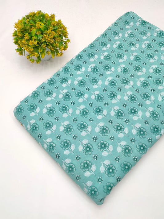 Teal floral screen printed cotton fabric