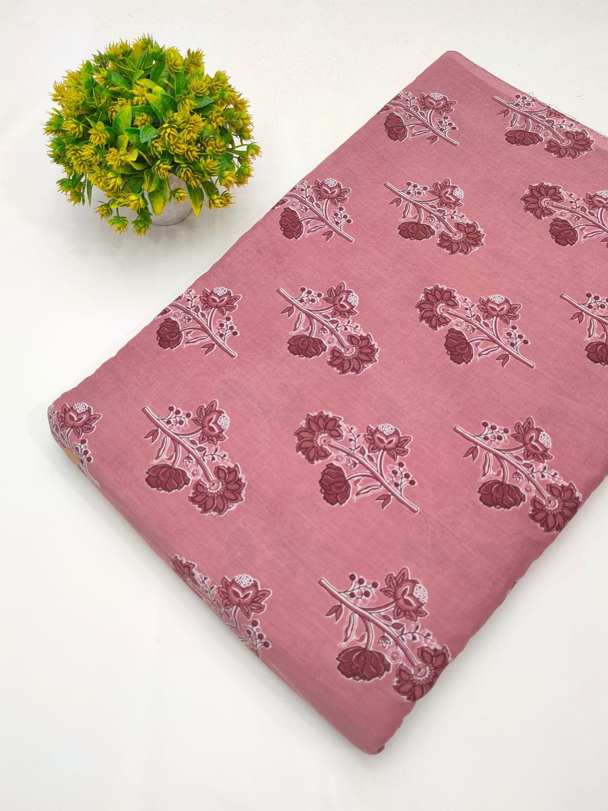 Pink floral screen printed cotton fabric India