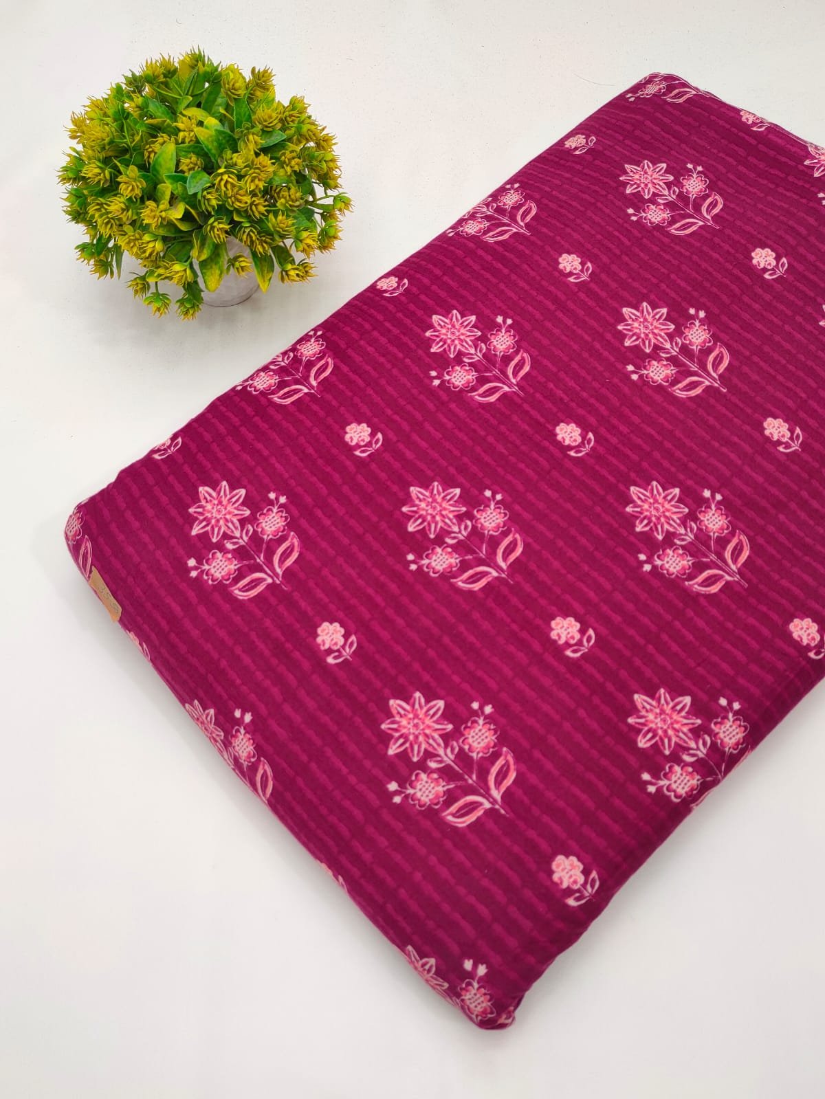 Purple striped floral screen printed cotton fabric