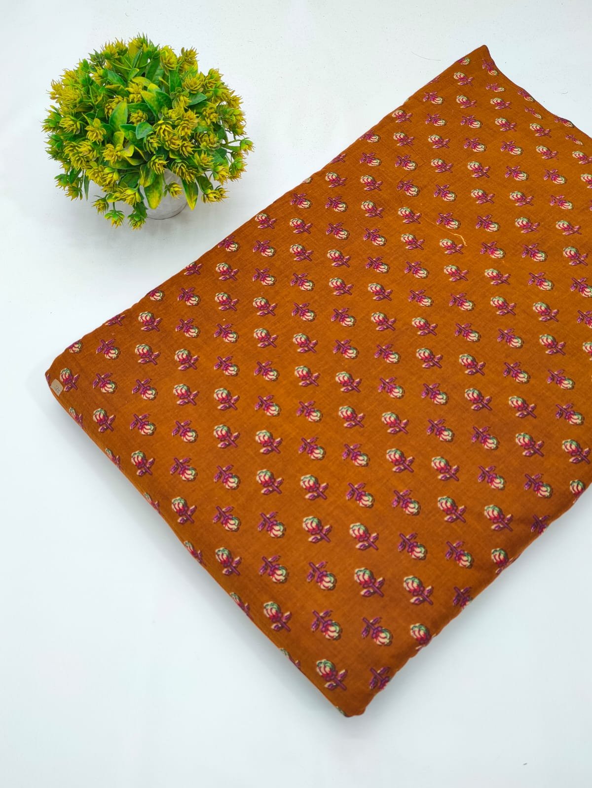 Brown floral screen print cotton fabric India