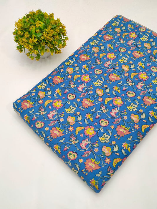 Blue floral screen printed cotton fabric Jaipur India