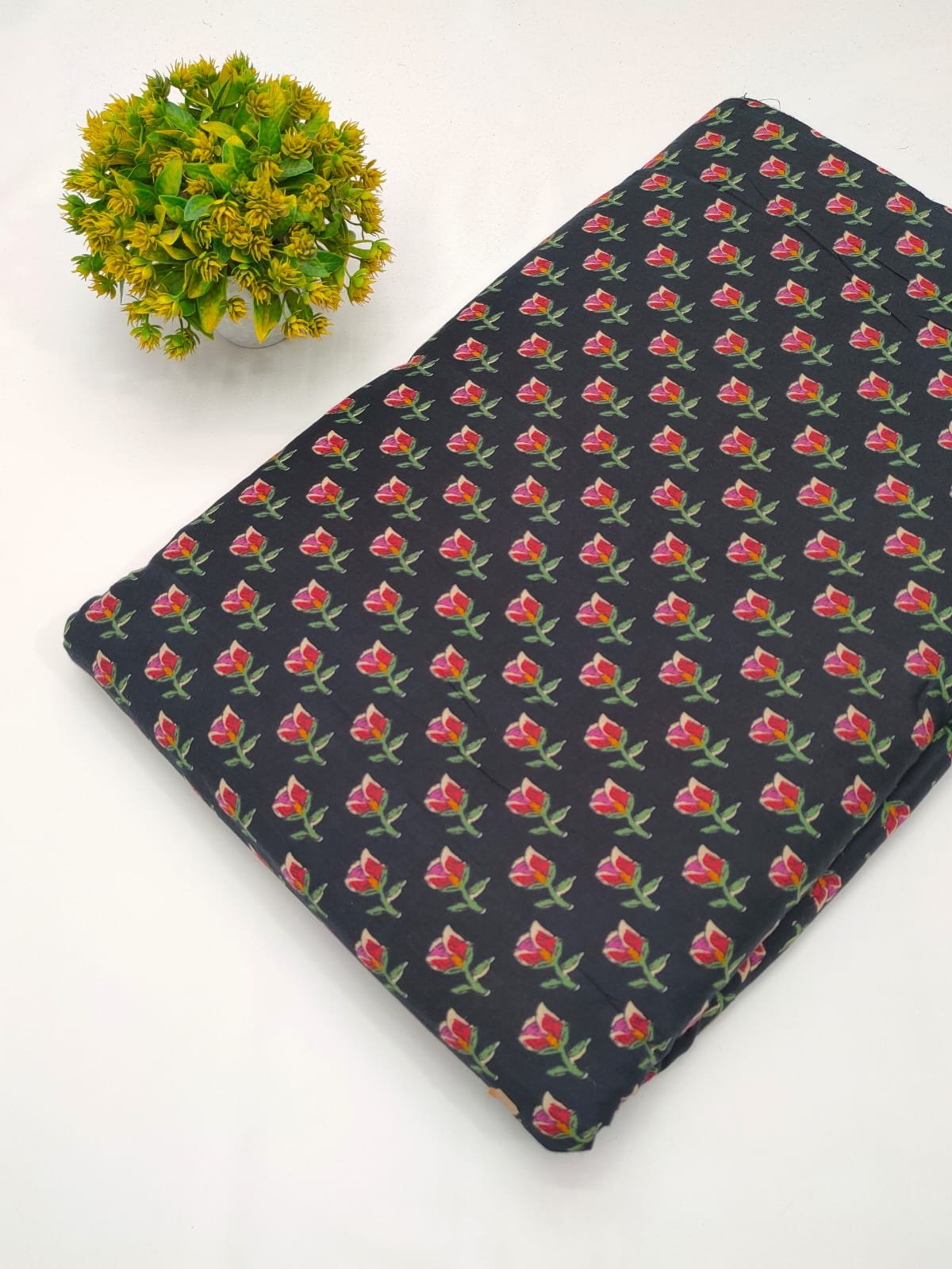 Black floral cotton screen printed fabric