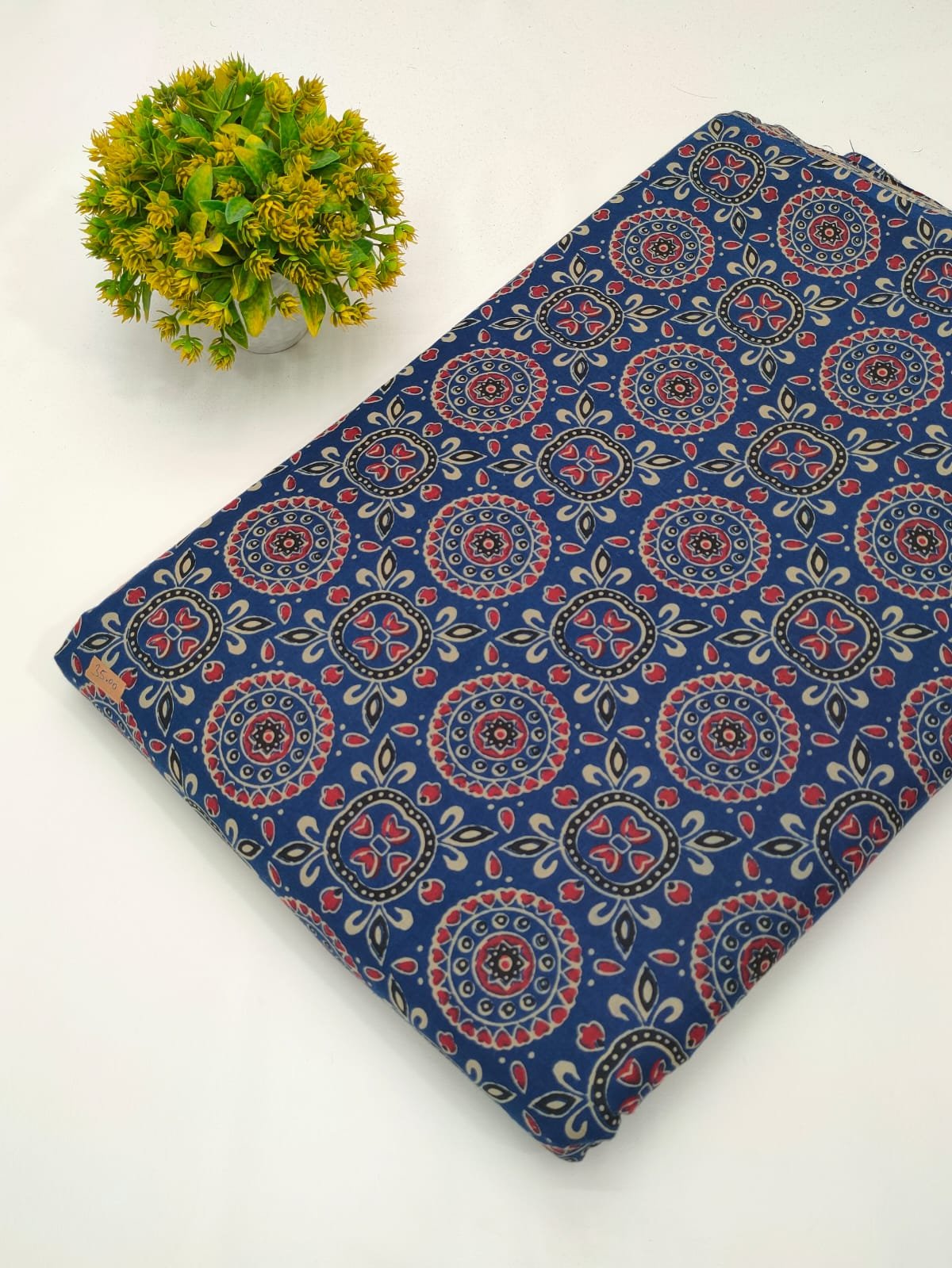 Blue geometric screen print cotton fabric India