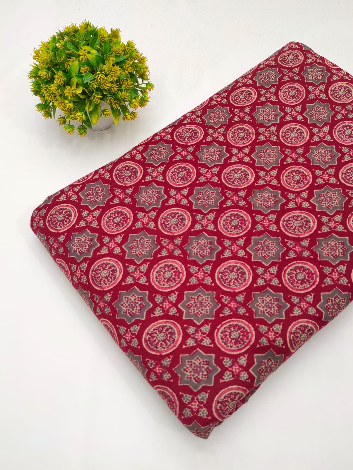 Red ethnic motif screen print cotton fabric Jaipur