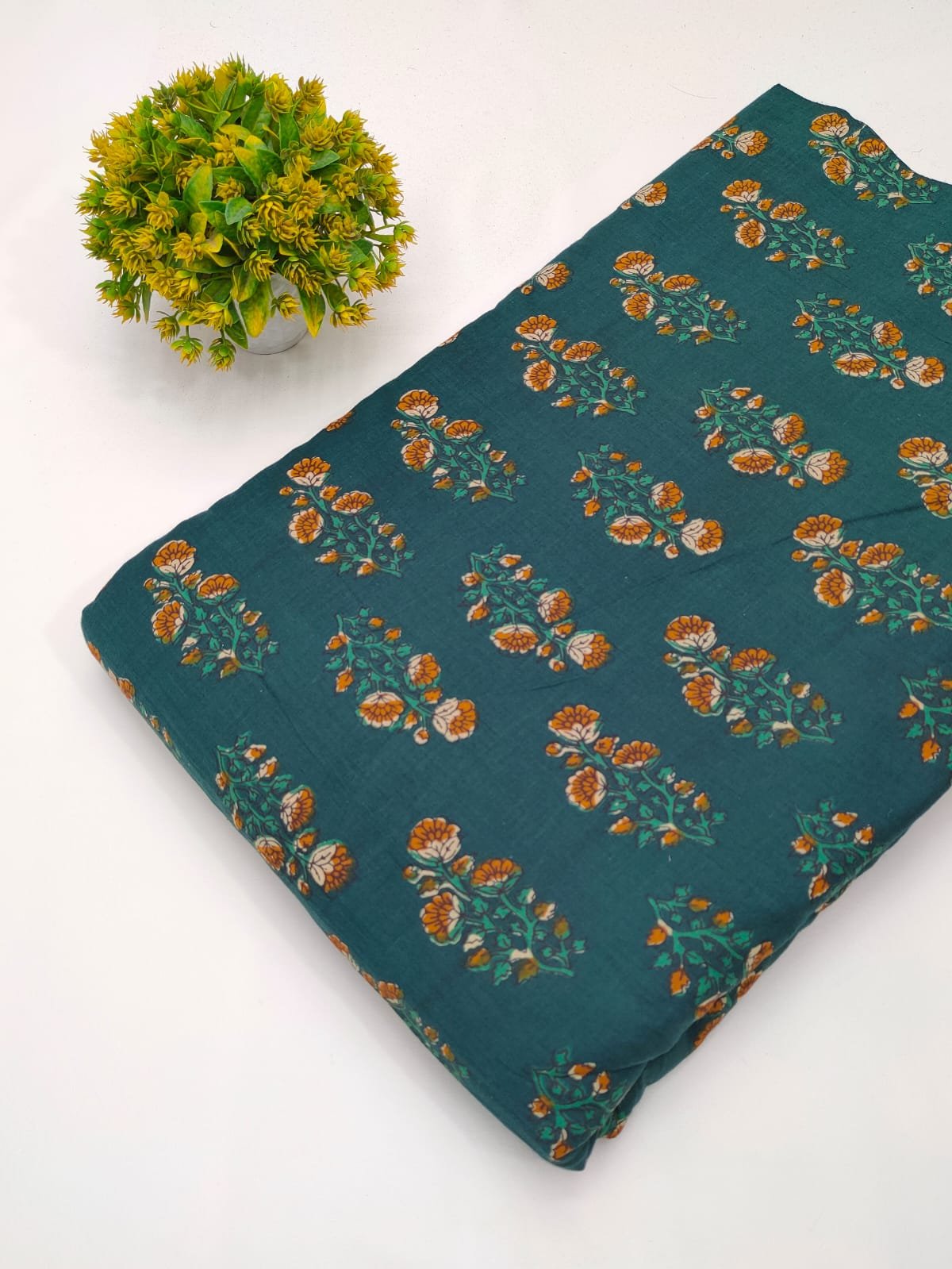 Teal floral screen print fabric cotton India
