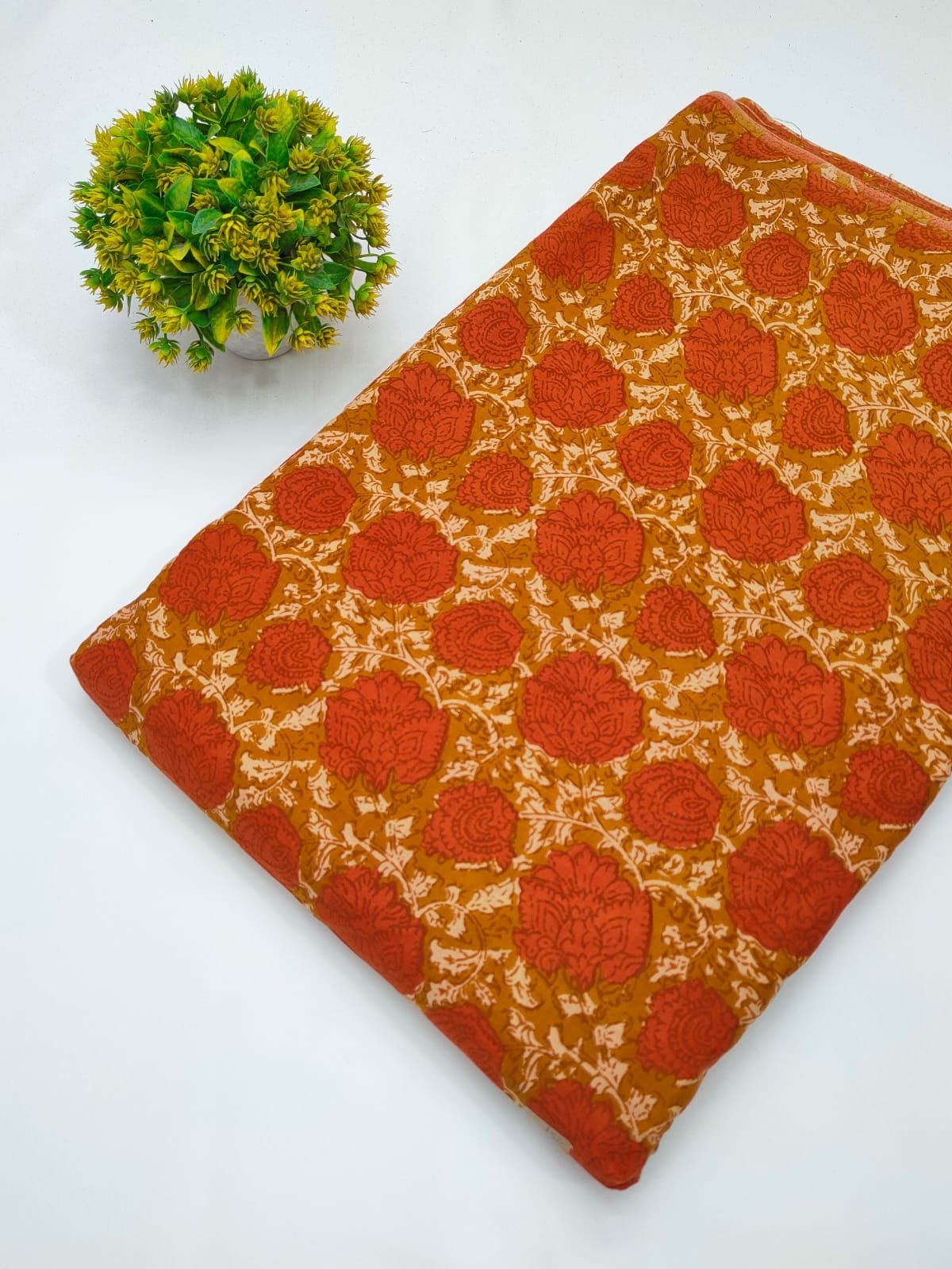 Rust floral screen print cotton fabric Jaipur India