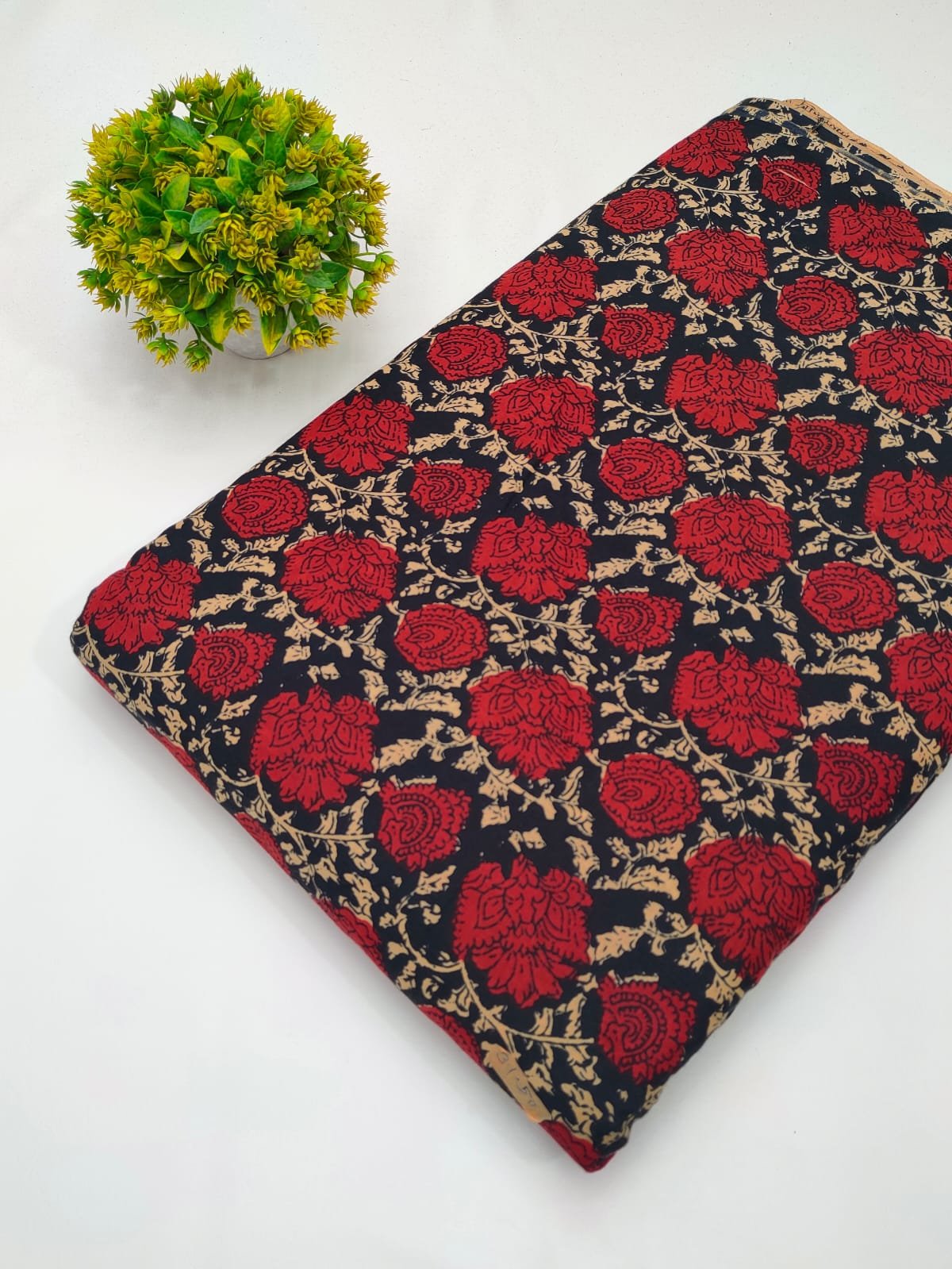 Black red ethnic motif screen print cotton fabric