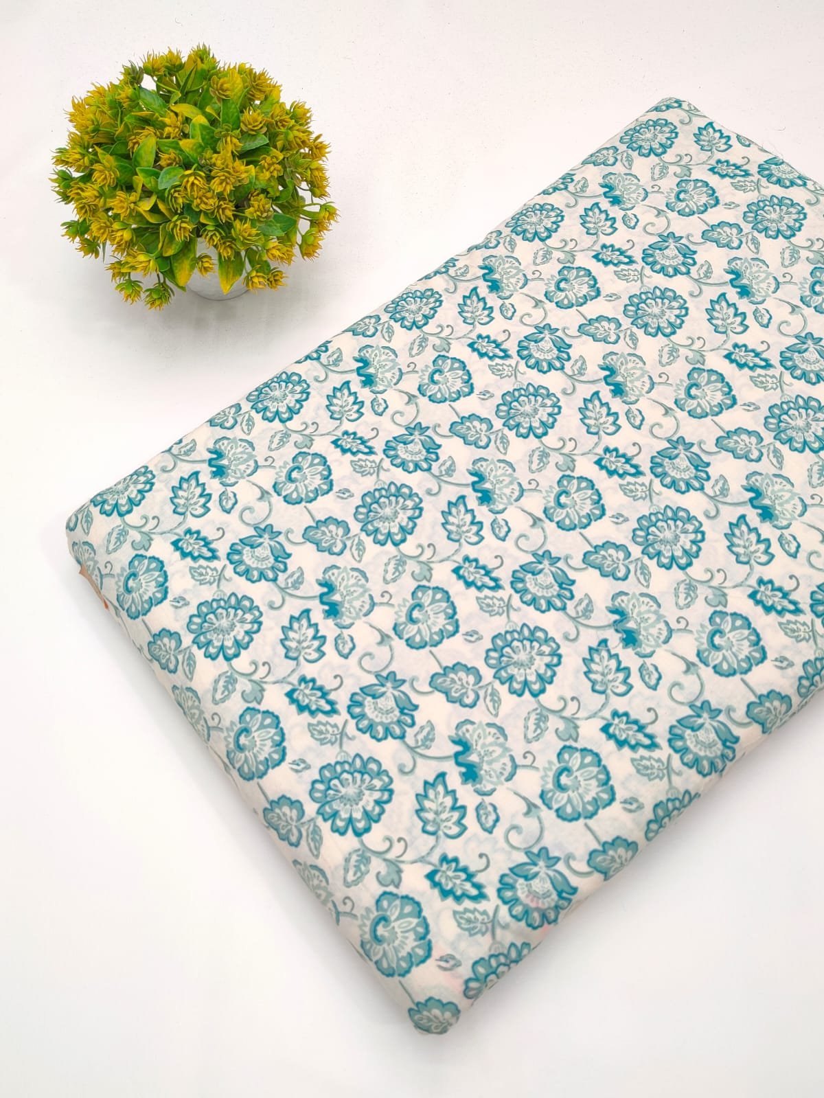 White teal paisley cotton fabric Jaipur