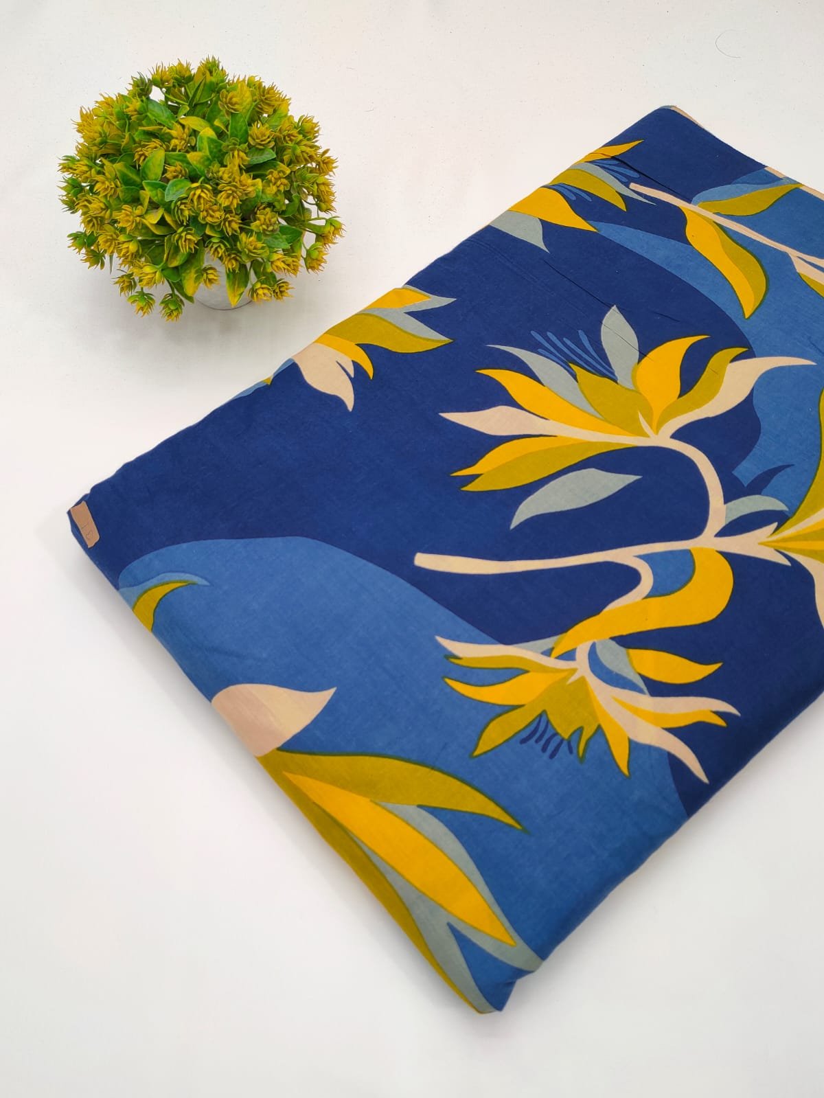 Navy blue nature-inspired screen print cotton fabric
