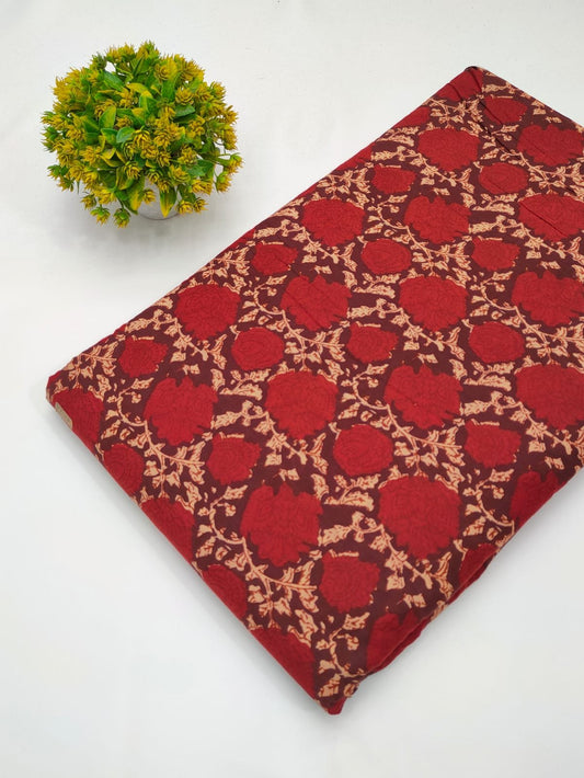 Maroon floral screen print cotton fabric India