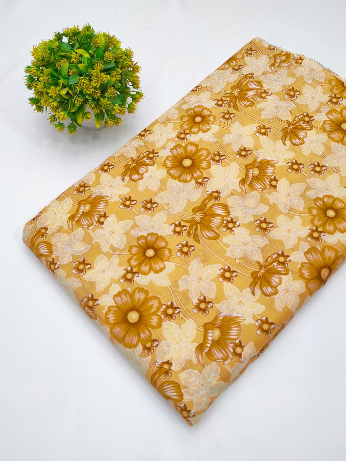 Yellow floral screen print cotton fabric India