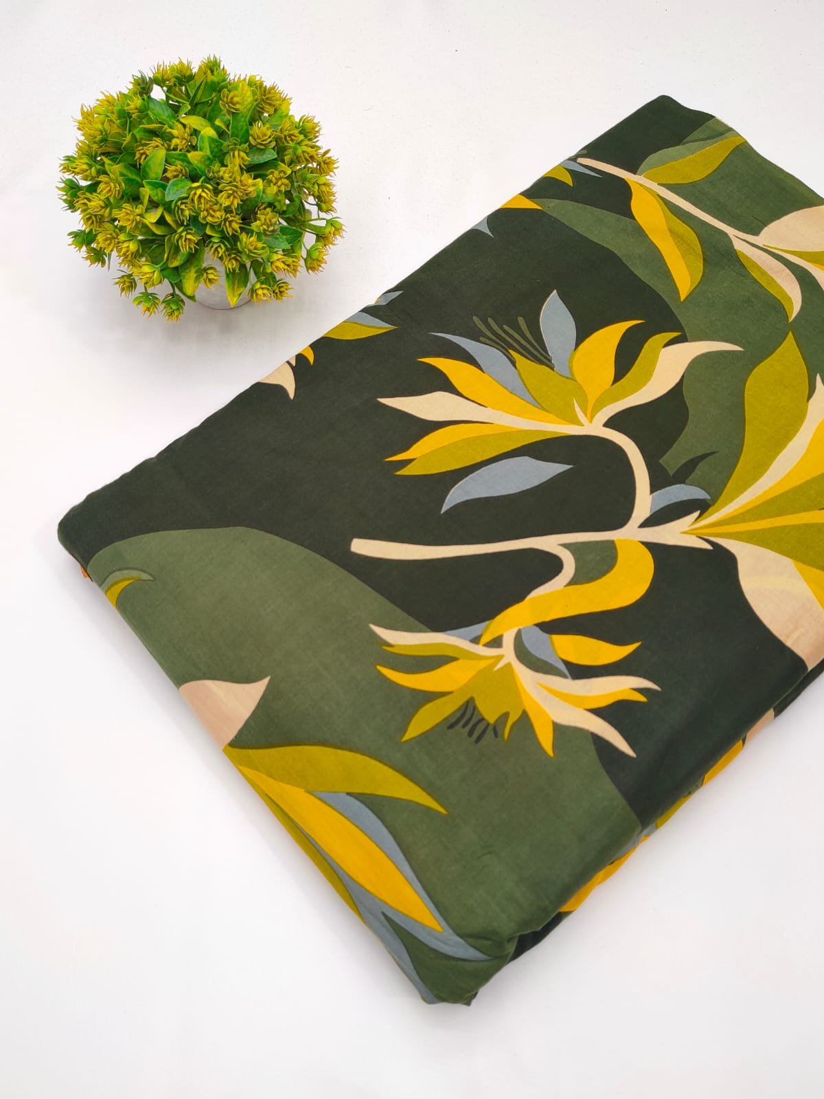 Green nature-inspired screen print cotton fabric