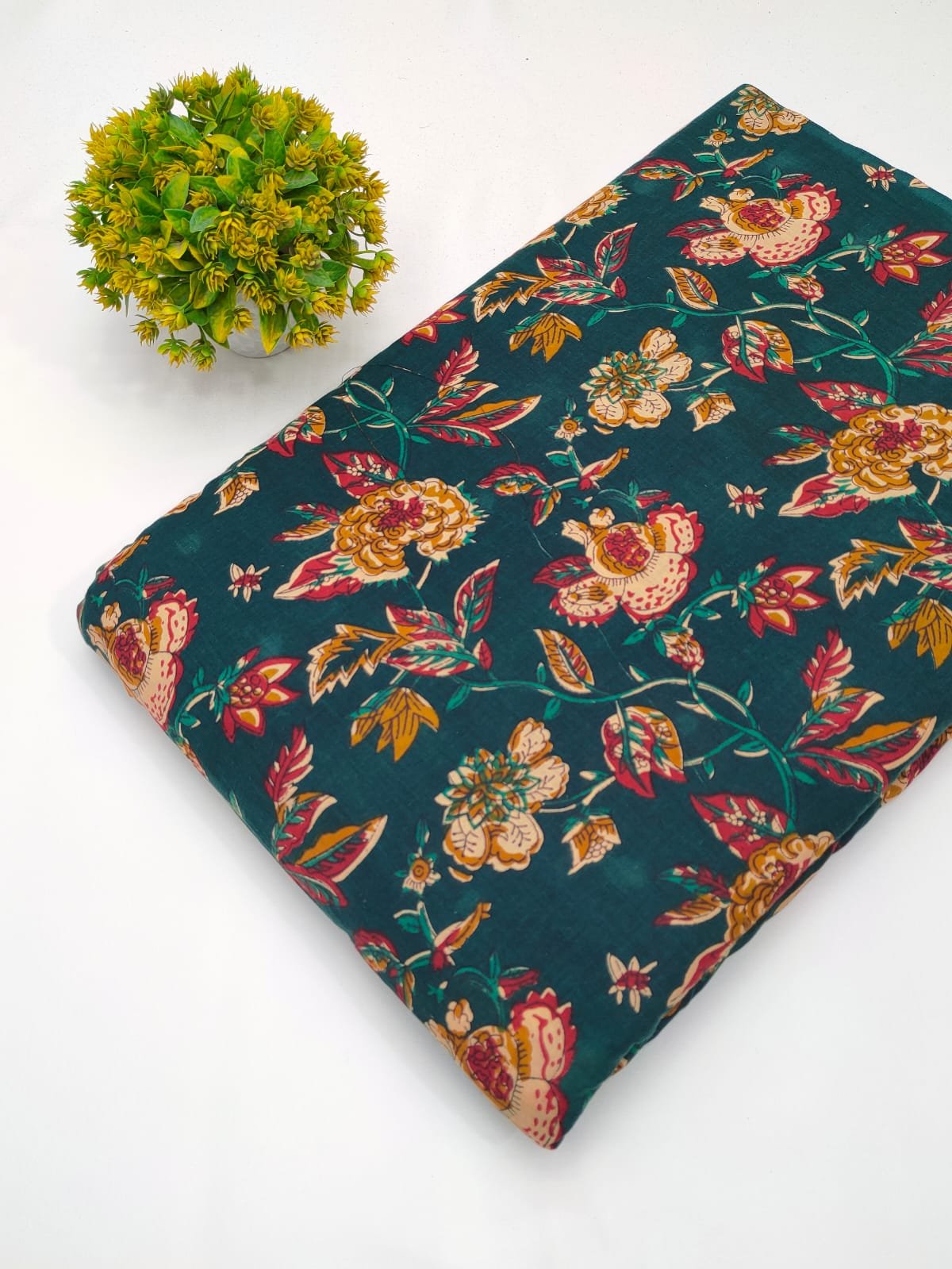 Teal floral screen print cotton fabric India