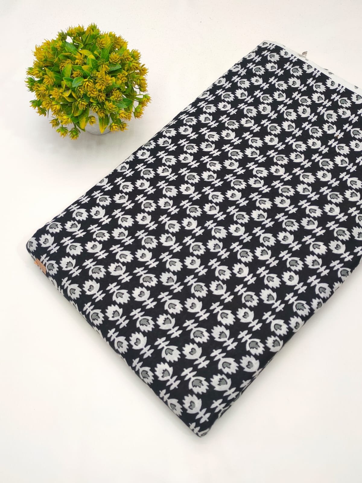 Black and white floral screen print cotton fabric