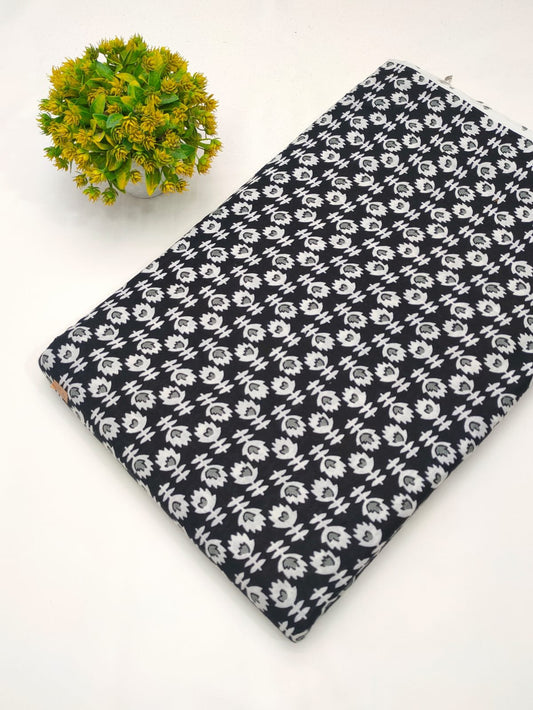 Black and white floral screen print cotton fabric