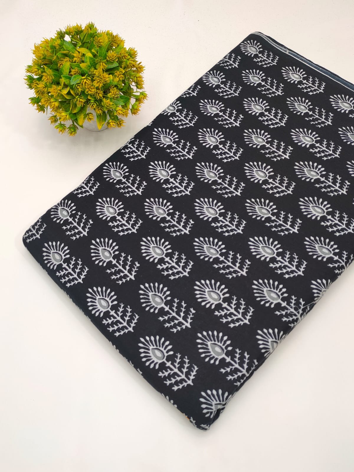 Black geometric screen print cotton fabric India