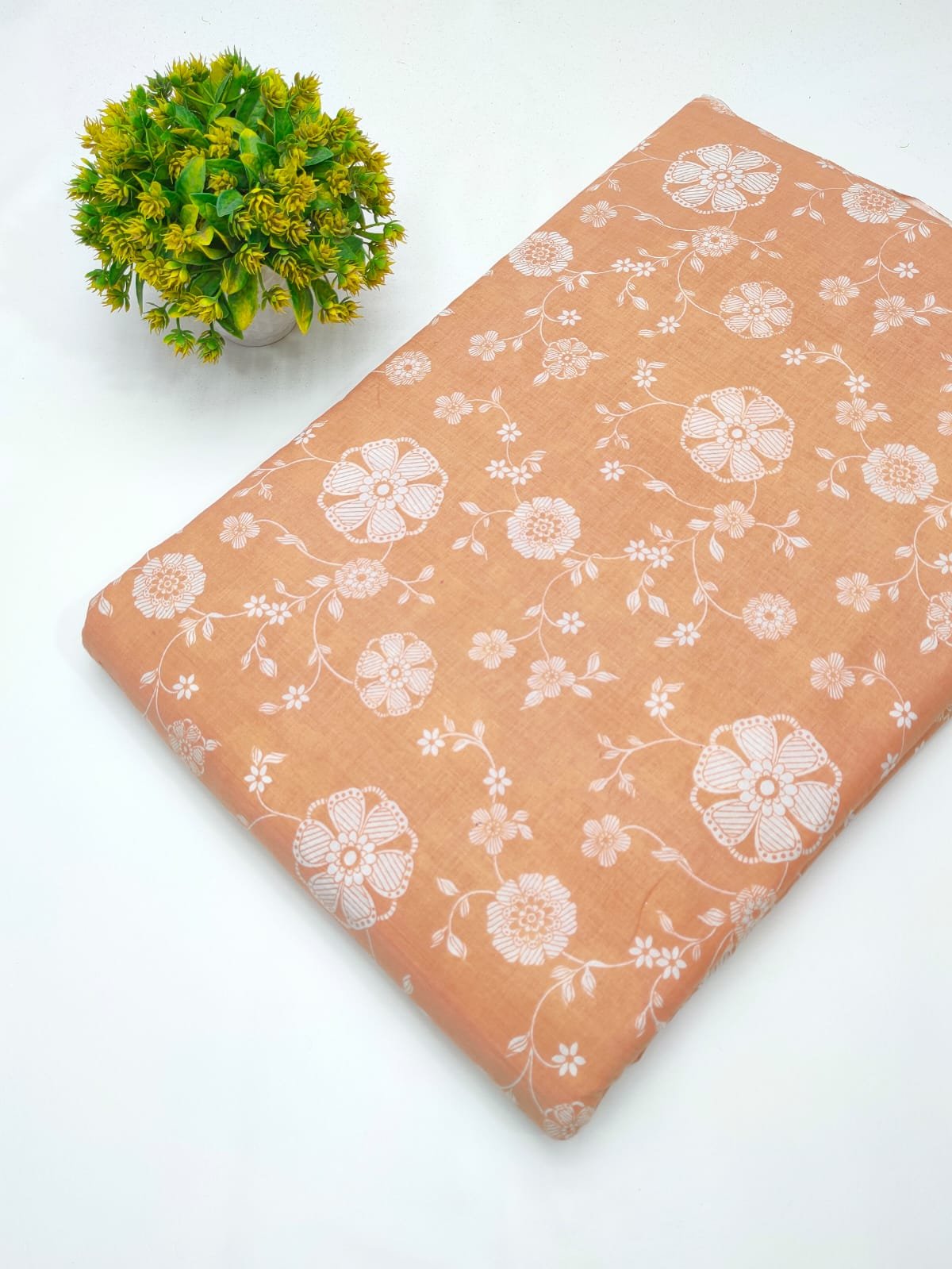 Peach floral cotton fabric screen printed
