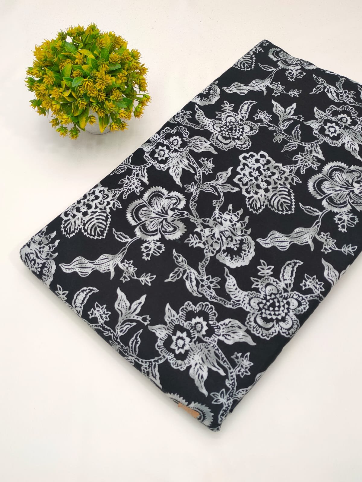Black floral cotton fabric screen print Jaipur