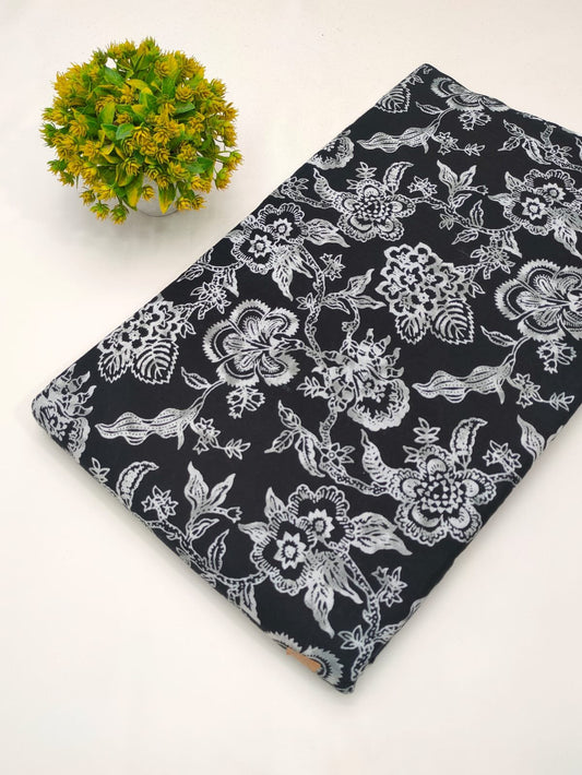 Black floral cotton fabric screen print Jaipur