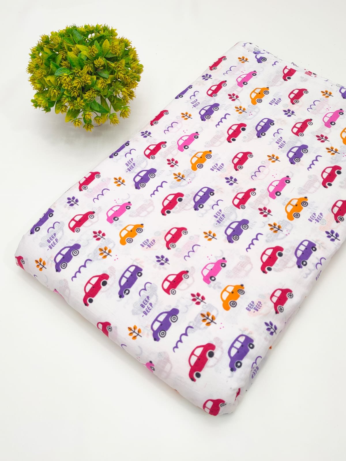 White colorful car print cotton fabric India