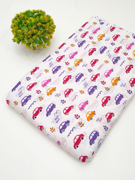 White colorful car print cotton fabric India