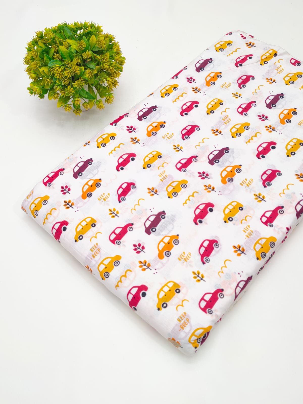 White yellow car print cotton fabric Jaipur India