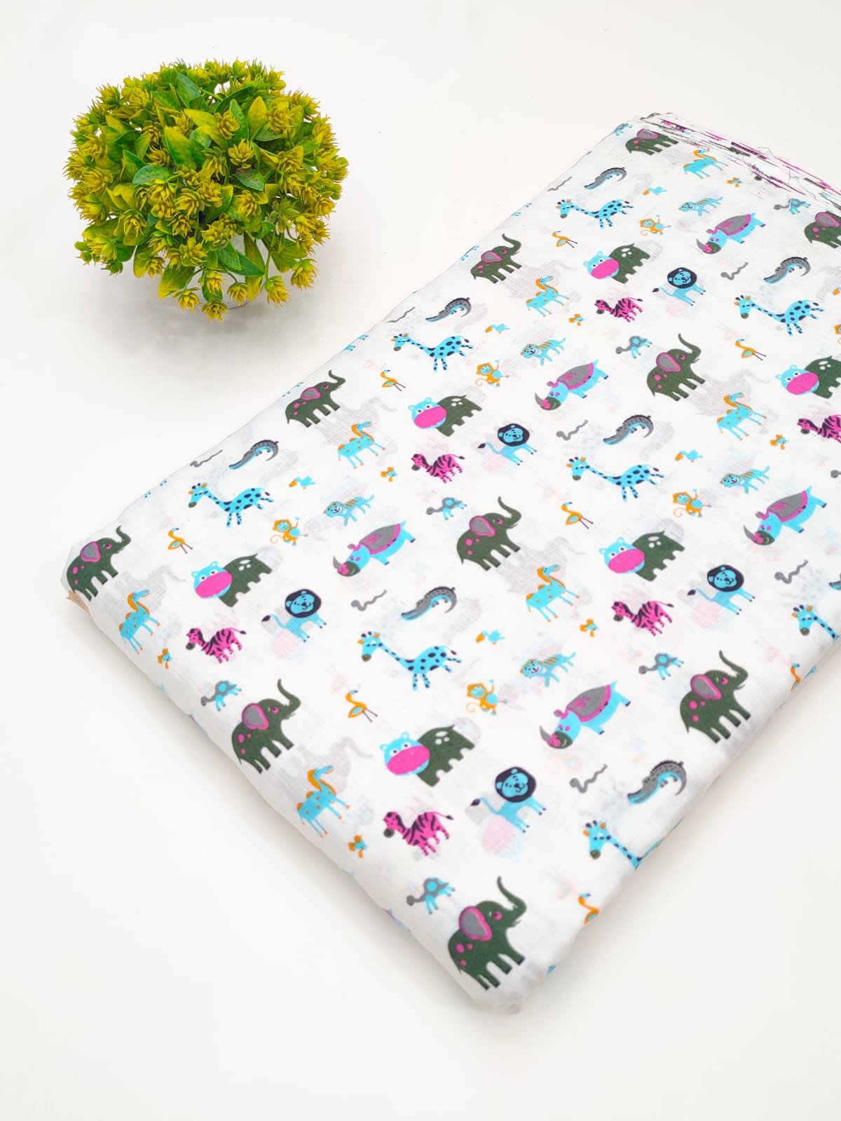 White playful animal print cotton fabric Jaipur
