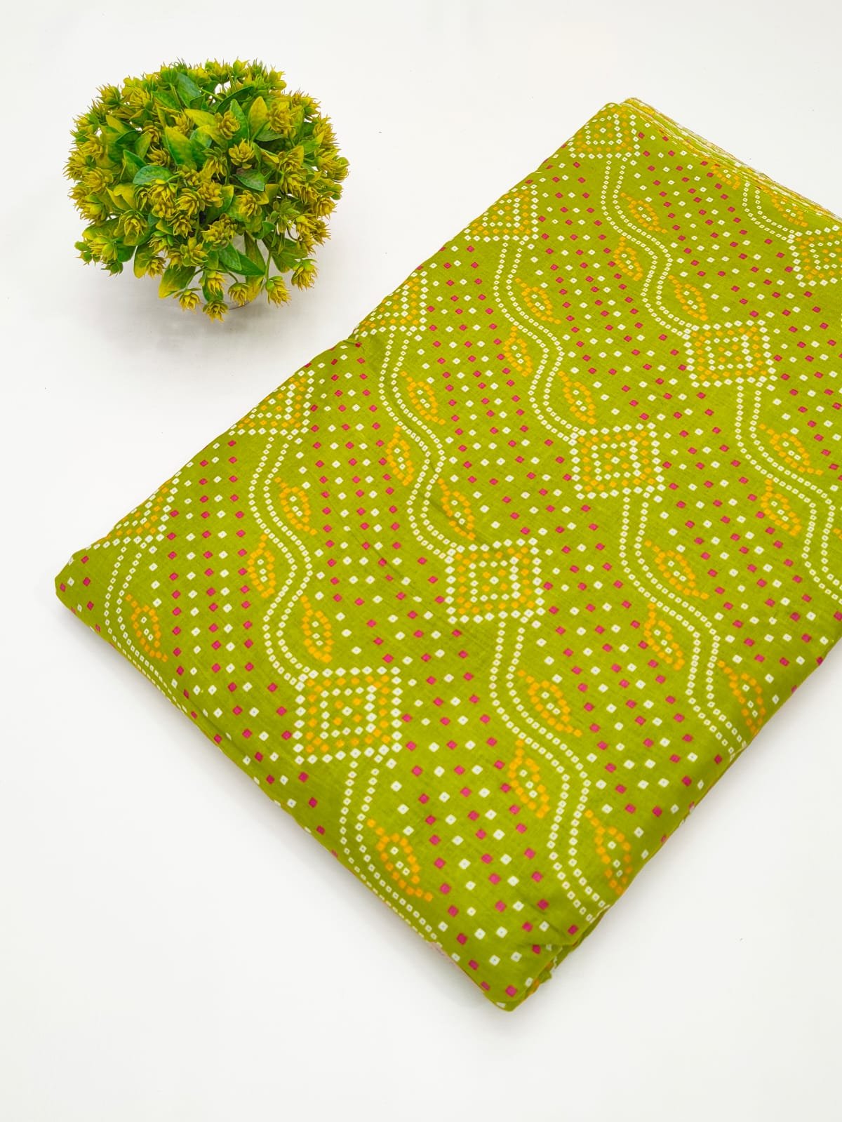 Green ethnic motif screen print cotton fabric Jaipur