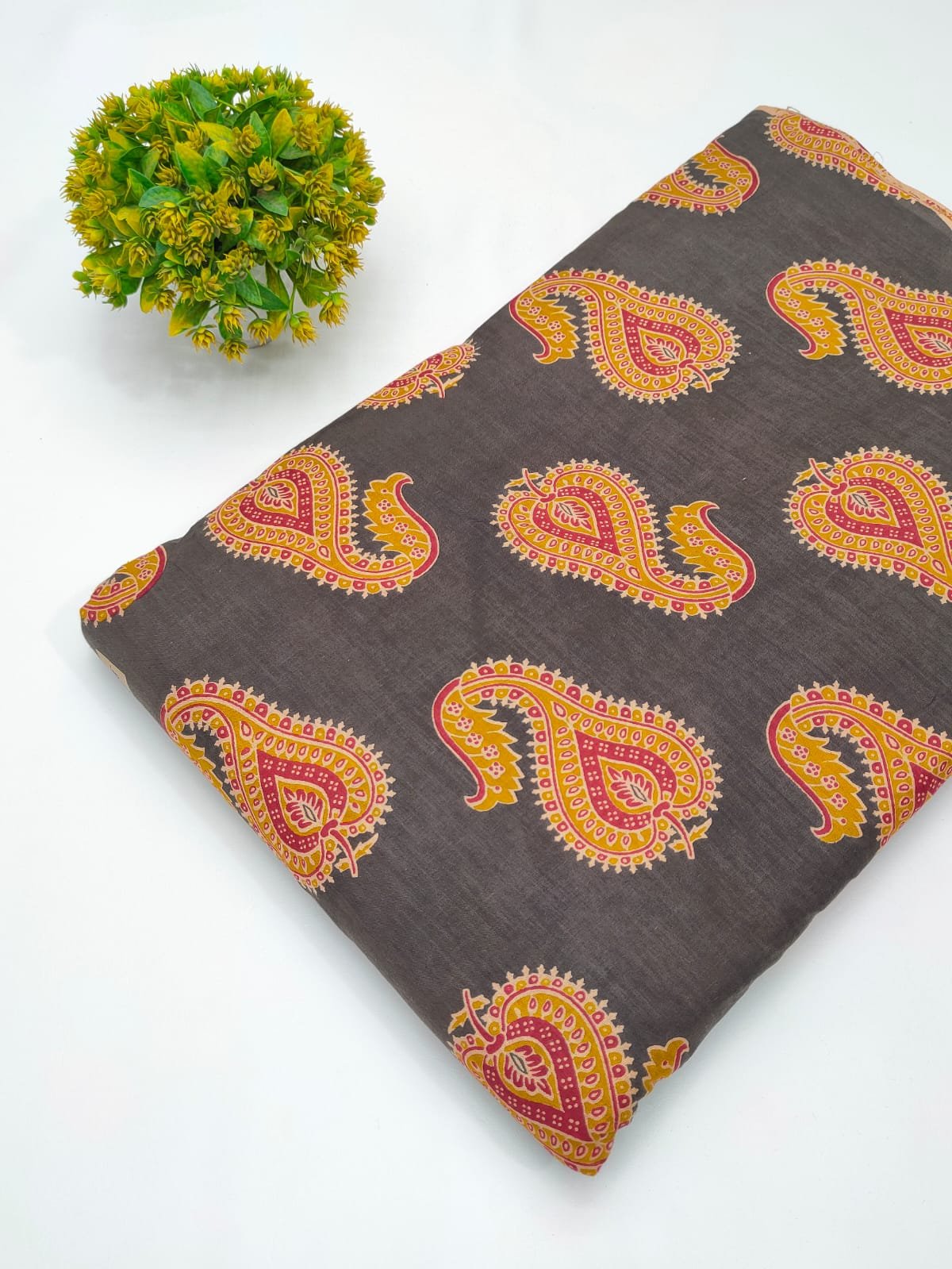Brown paisley screen printed cotton fabric India