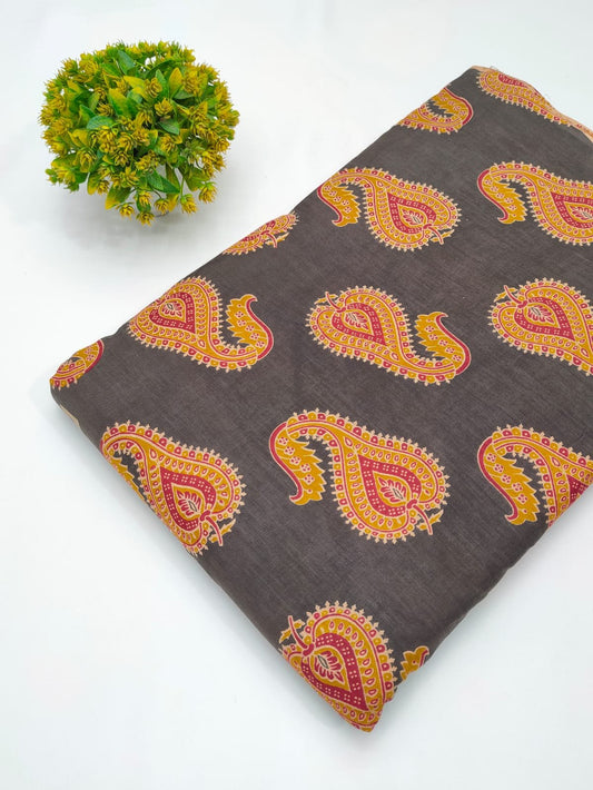 Brown paisley screen printed cotton fabric India