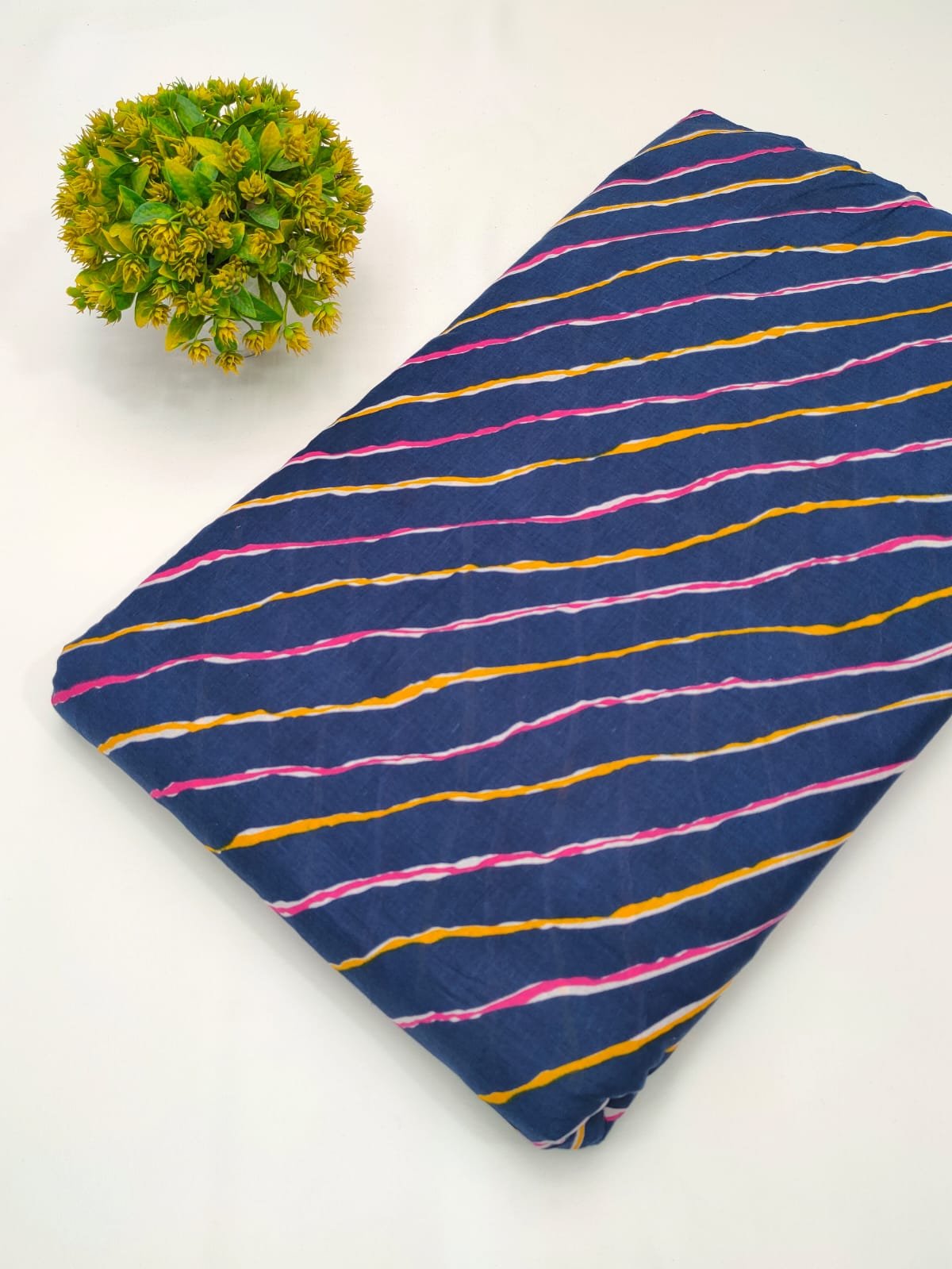 Navy blue striped screen printed cotton fabric India