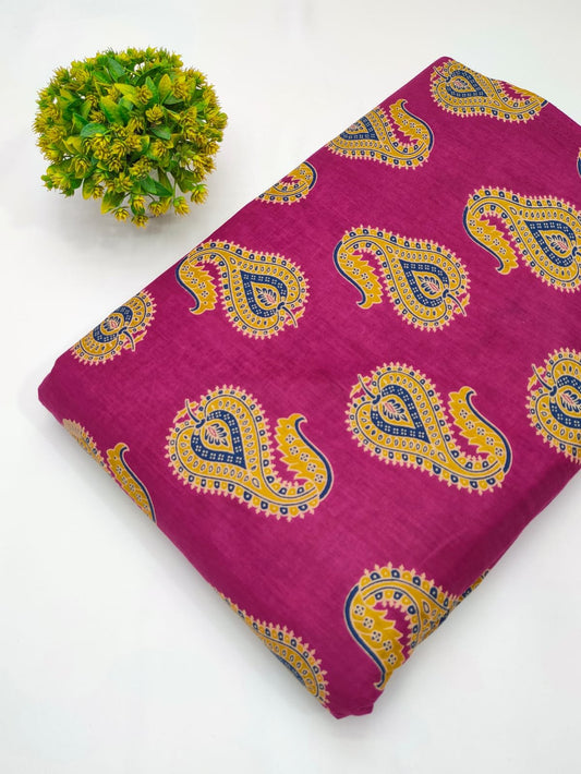 Magenta paisley screen printed cotton fabric Jaipur