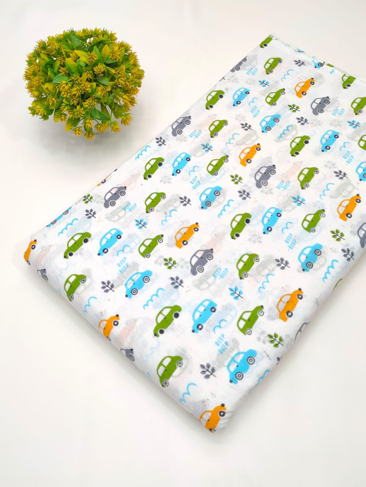 White car print cotton screen printed fabric India