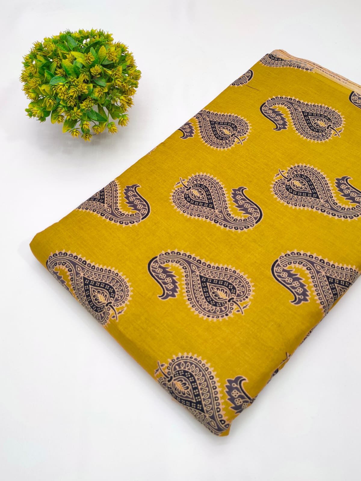 Yellow paisley screen print cotton fabric Jaipur