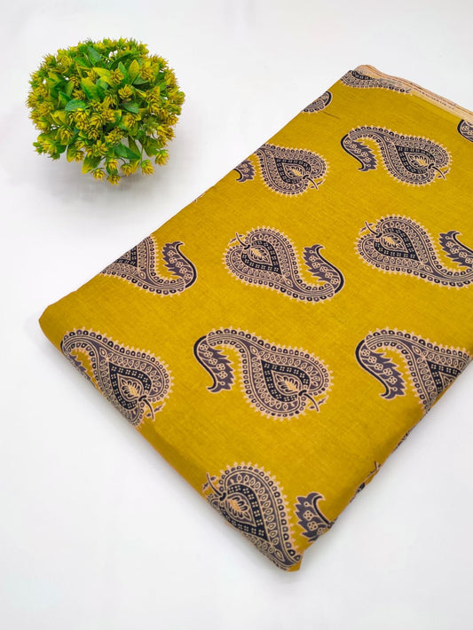 Yellow paisley screen print cotton fabric Jaipur