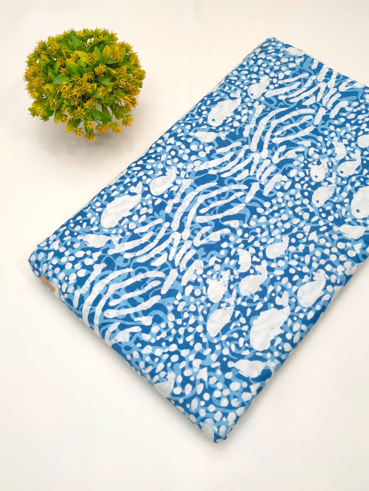Blue abstract screen print cotton fabric India